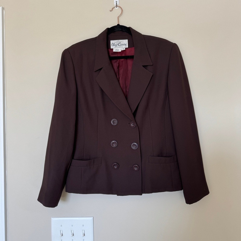Oleg Cassini Brown Double Breasted Blazer Jacket Size 14 4834-1 Vintage Style